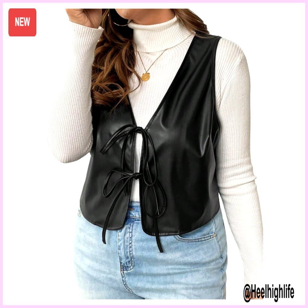 Plus Size Faux Leather Sleeveless Vest Tie Front Motorcycle Biker Jacket